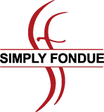 A red and black logo for simply fondue.